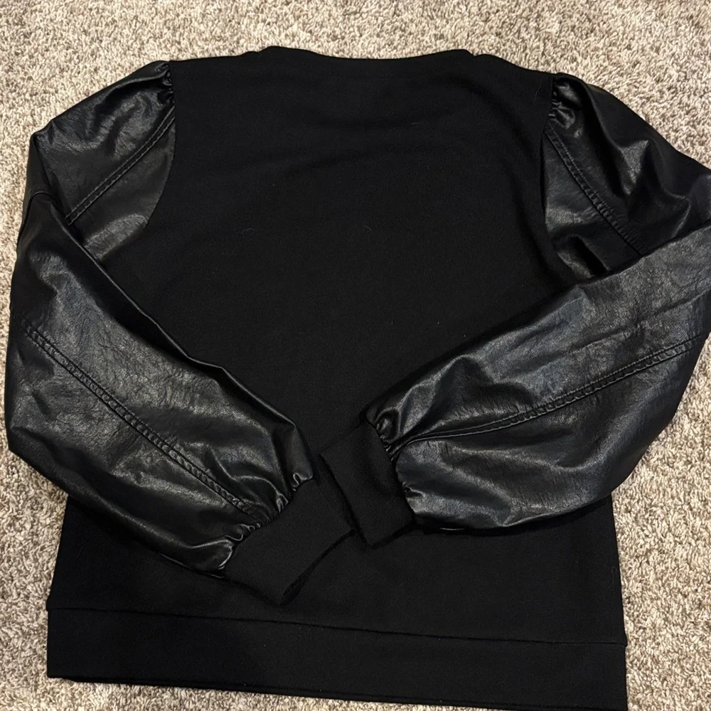 Black Sweatshirt with Faux Leather Sleeves - Picture 3 of 4